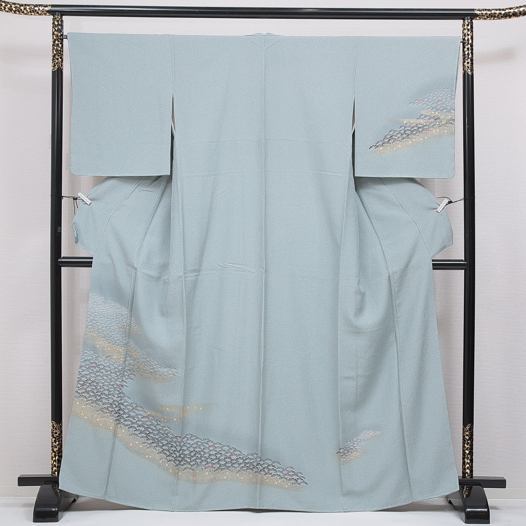 訪問着 袷 身丈164cm 裄丈66cm 正絹 Sランク Lサイズ 広衿 セミフォーマル 笠松 金彩 水色系 1212-16661