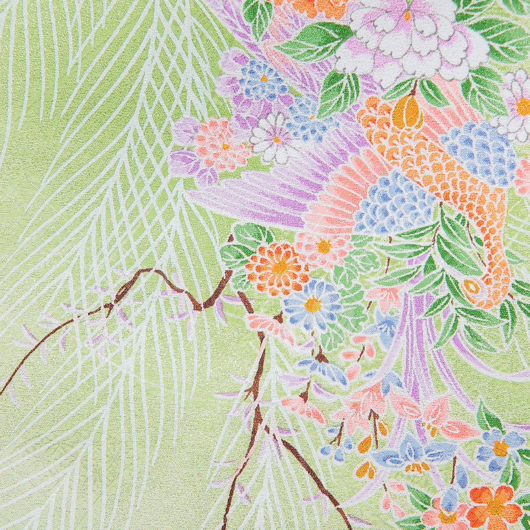 小紋 洗える着物 袷 身丈158cm 裄丈64cm ポリエステル Cランク Mサイズ 広衿 インフォーマル 花喰鳥 緑系 1215-16058