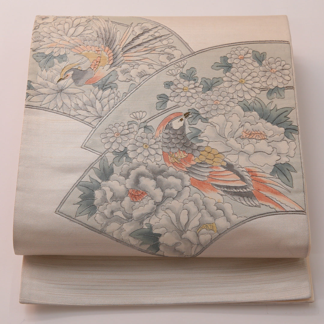 袋帯 帯丈424cm フォーマル 六通 Cランク 正絹 鳥 扇 菊 クリーム系 グレー系 1223-01885