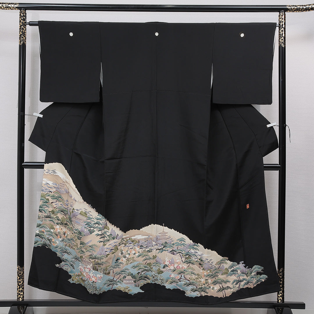 黒留袖 袷 身丈154cm 裄丈63cm 五つ紋 三つ割り桔梗 フォーマル Sランク Sサイズ 正絹 比翼仕立て 広衿 清水寺 京洛百景 松 落款 1211-F0750