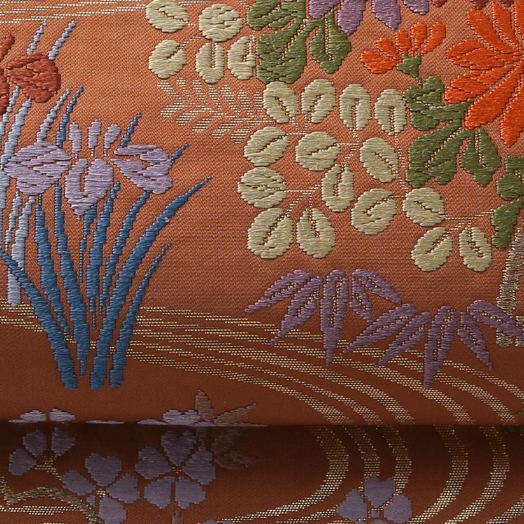 袋帯 帯丈430cm 正絹 六通 フォーマル 唐織 四季草花 吉祥文様 茶系 1243-02034