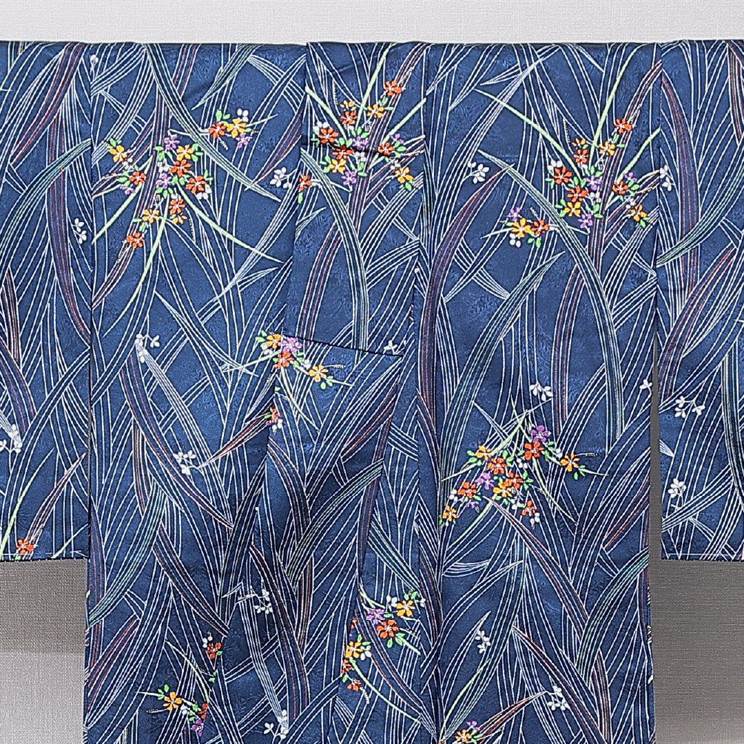 洗える着物 小紋 袷 身丈163cm 裄丈64cm ポリエステル Sランク インフォーマル 広衿 Lサイズ 花柄 青系 RP 1221-15845