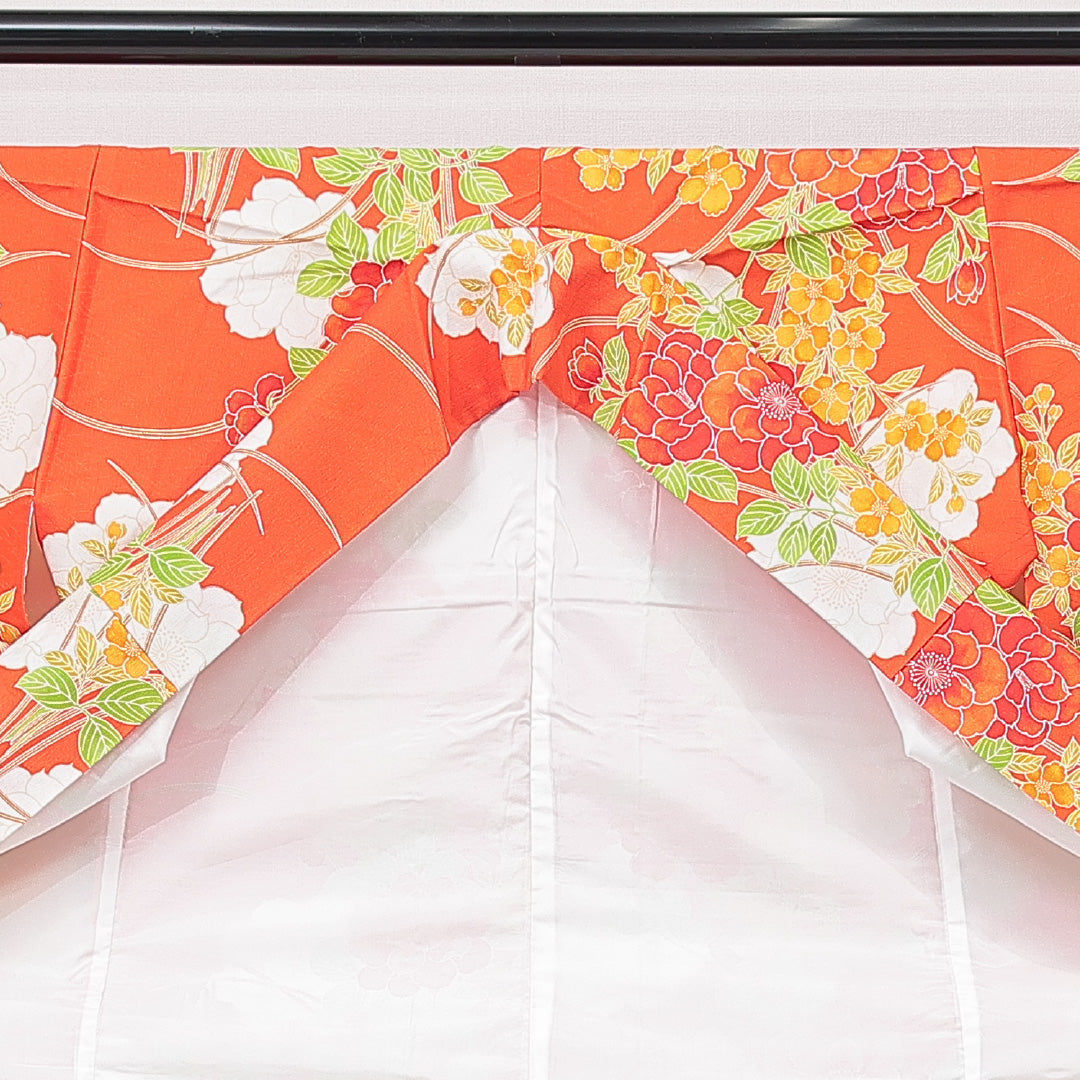 小紋 洗える着物 袷 身丈160cm 裄丈64cm ポリエステル Cランク Lサイズ 広衿 インフォーマル 花柄 朱系 1215-15035