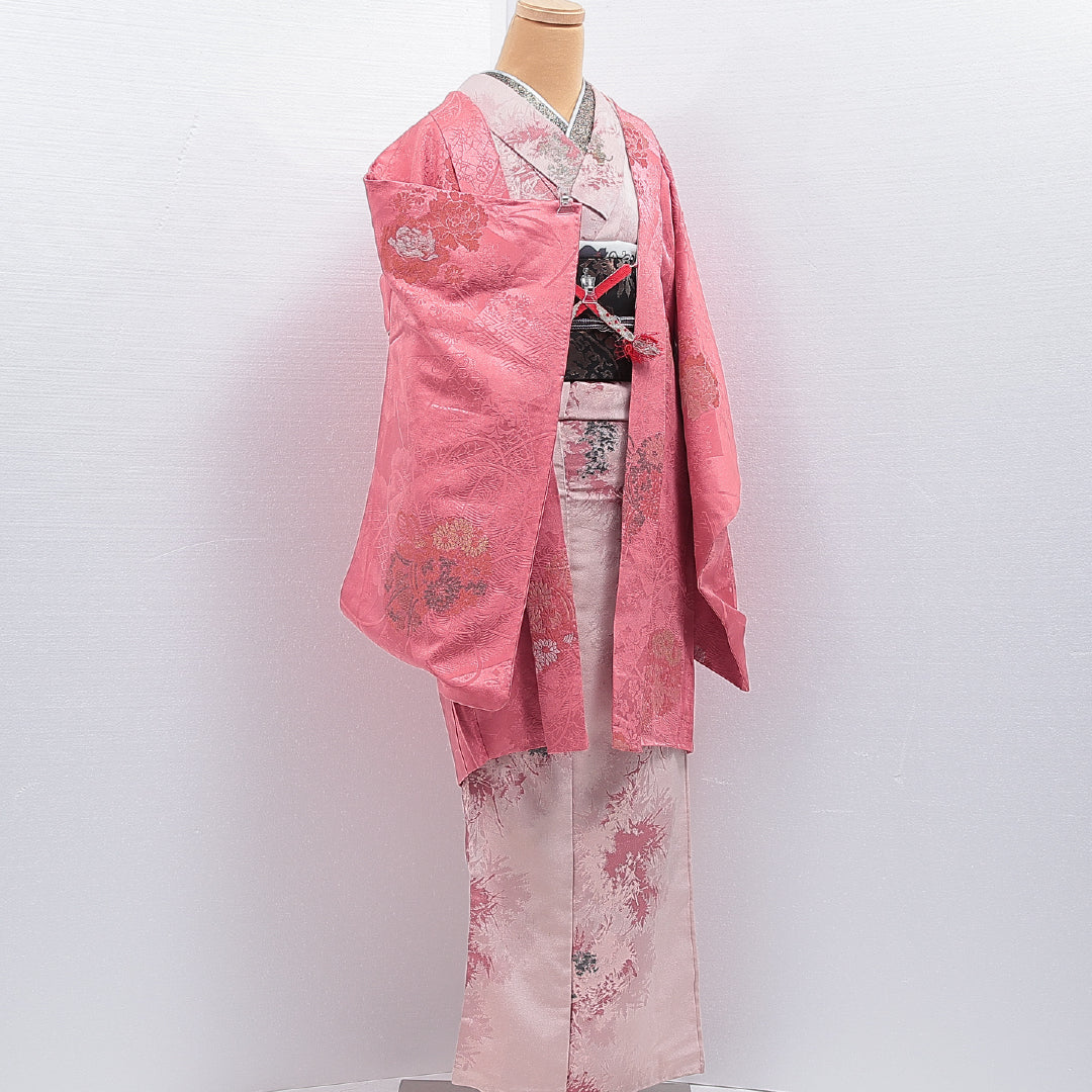 アンティーク 羽織 袷 身丈93cm 裄丈62cm 正絹 Aランク Sサイズ 一つ紋(五三桐) 鼓 牡丹 ピンク系 1217-16198