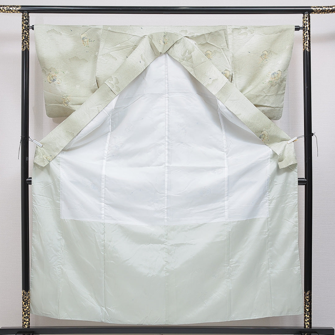 小紋 洗える着物 袷 身丈159cm 裄丈64cm ポリエステル Sランク Mサイズ 広衿 インフォーマル 雲取り 亀甲 緑系 1215-16274