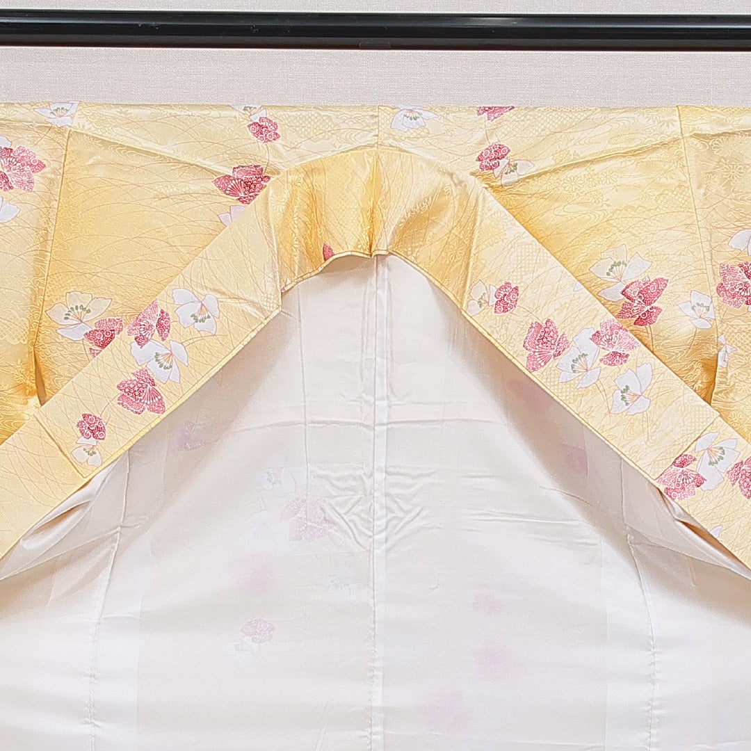 洗える着物 小紋 袷 身丈157cm 裄丈64cm ポリエステル Cランク インフォーマル バチ衿 Mサイズ 花柄 黄系 LP 1221-16433