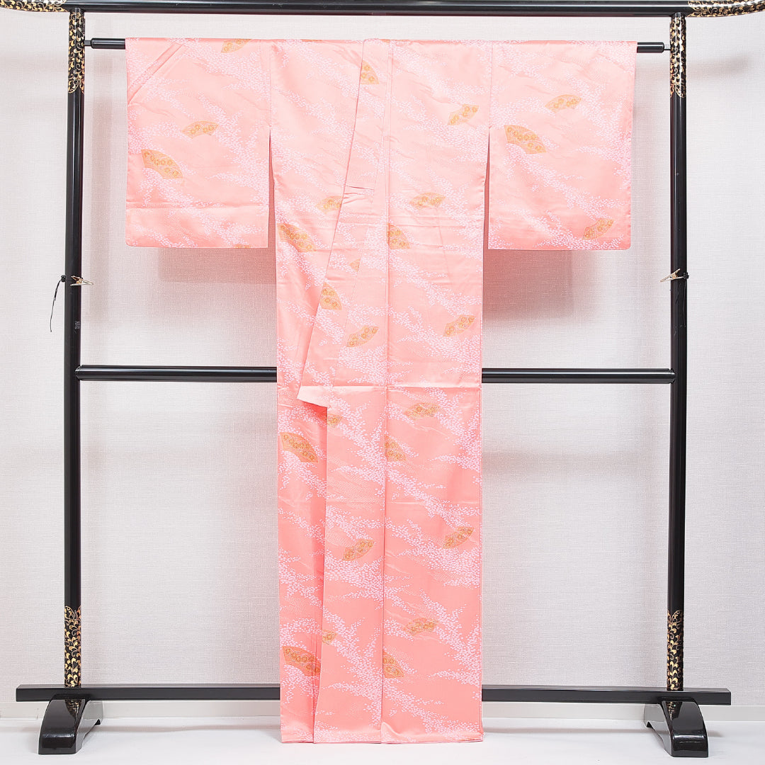 小紋 袷 身丈163cm 裄丈65cm ポリエステル 洗える着物 Bランク インフォーマル バチ衿 Lサイズ 扇 菊 付下げ 可憐 古典的 ピンク系 HP 1221-16420