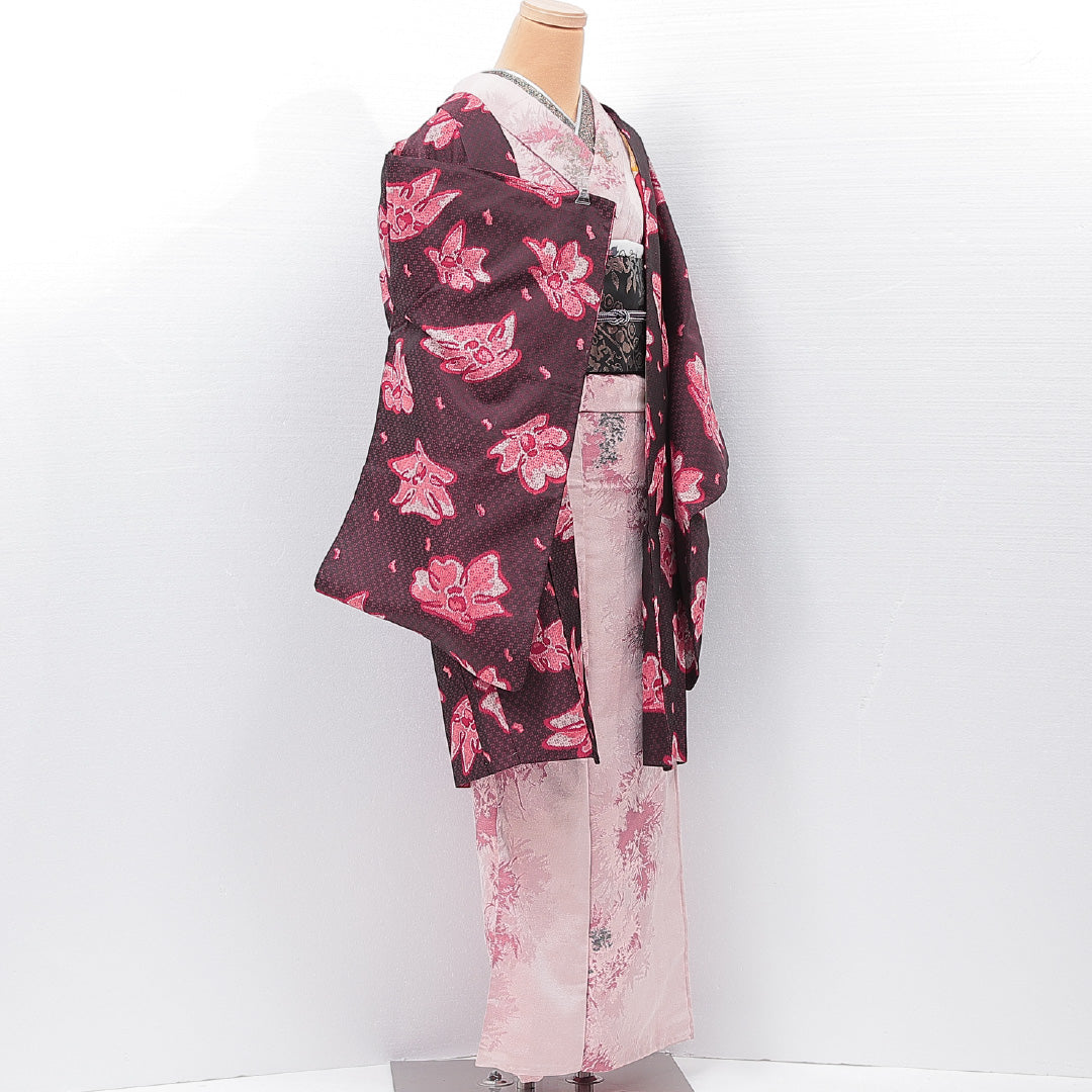 アンティーク 羽織 袷 身丈97cm 裄丈62cm 正絹 Aランク バチ衿 Sサイズ 創作柄 茶系 RP 1232-15177