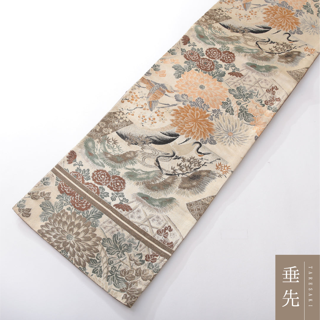 アンティーク 九寸名古屋帯 帯丈392cm 開き仕立て 全通 Aランク 正絹 鶴 菊 クリーム系 1224-03832