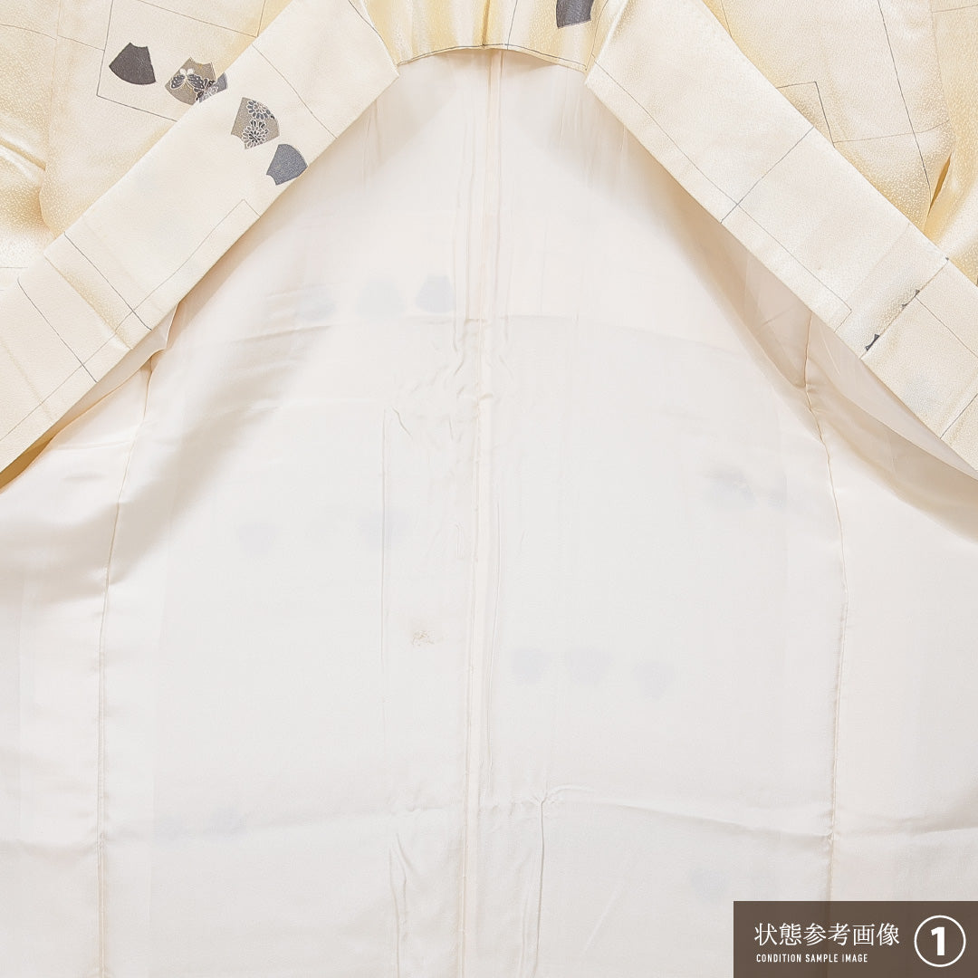 小紋 袷 身丈159cm 裄丈64cm 正絹 Sランク インフォーマル 広衿 Mサイズ 扇 花菱 クリーム系 RP 1221-15875