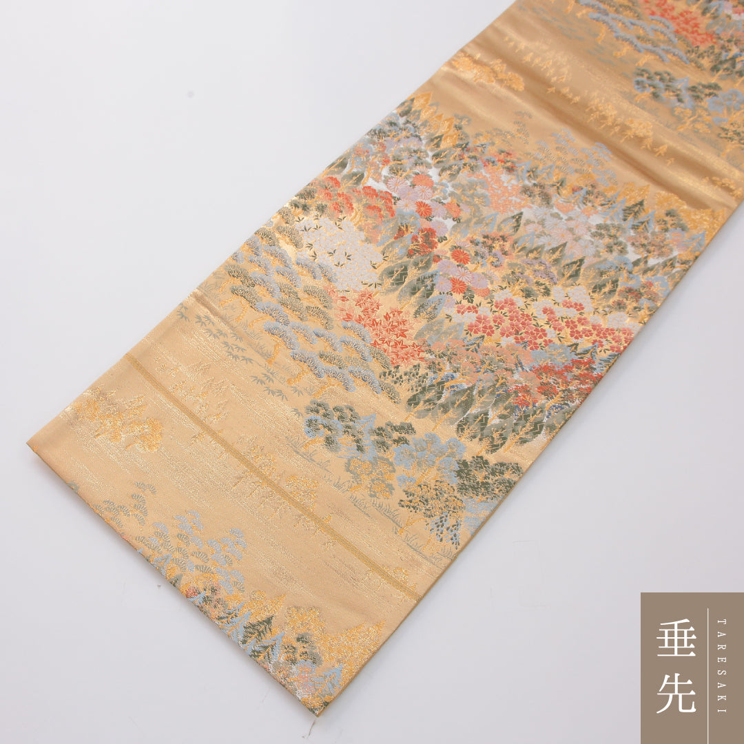 袋帯 帯丈436cm 翠祥錦 フォーマル 六通 Sランク 正絹 桜 松 証紙 金系 1223-02325