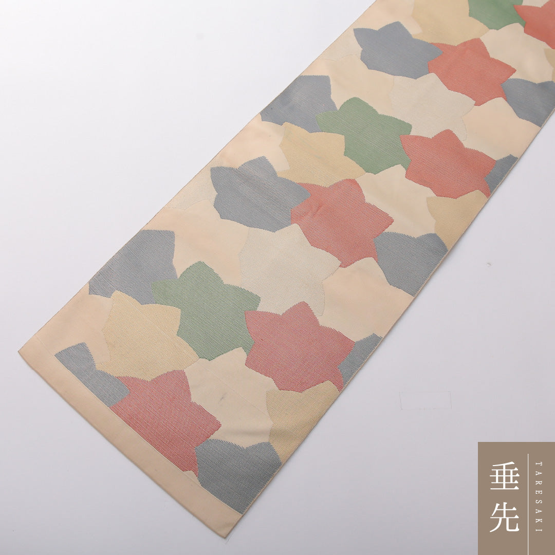 八寸名古屋帯 Cランク 帯丈365cm 正絹 六通 名古屋仕立て 織り カジュアル 楓 クリーム系 RP 1245-03414