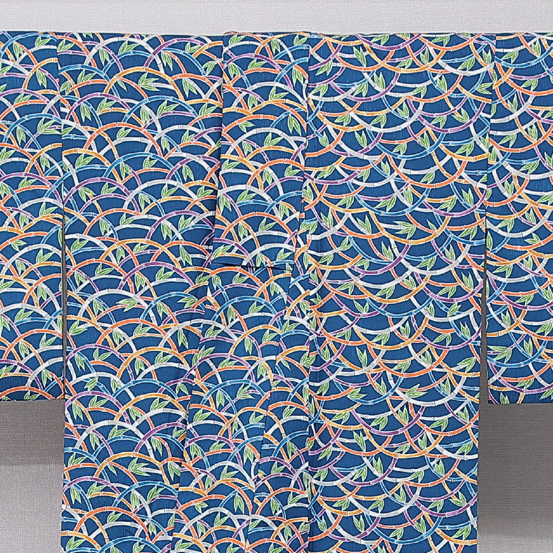 小紋 洗える着物 袷 身丈163cm 裄丈64cm ポリエステル Sランク Lサイズ 広衿 インフォーマル 竹 笹 青系 1215-15793