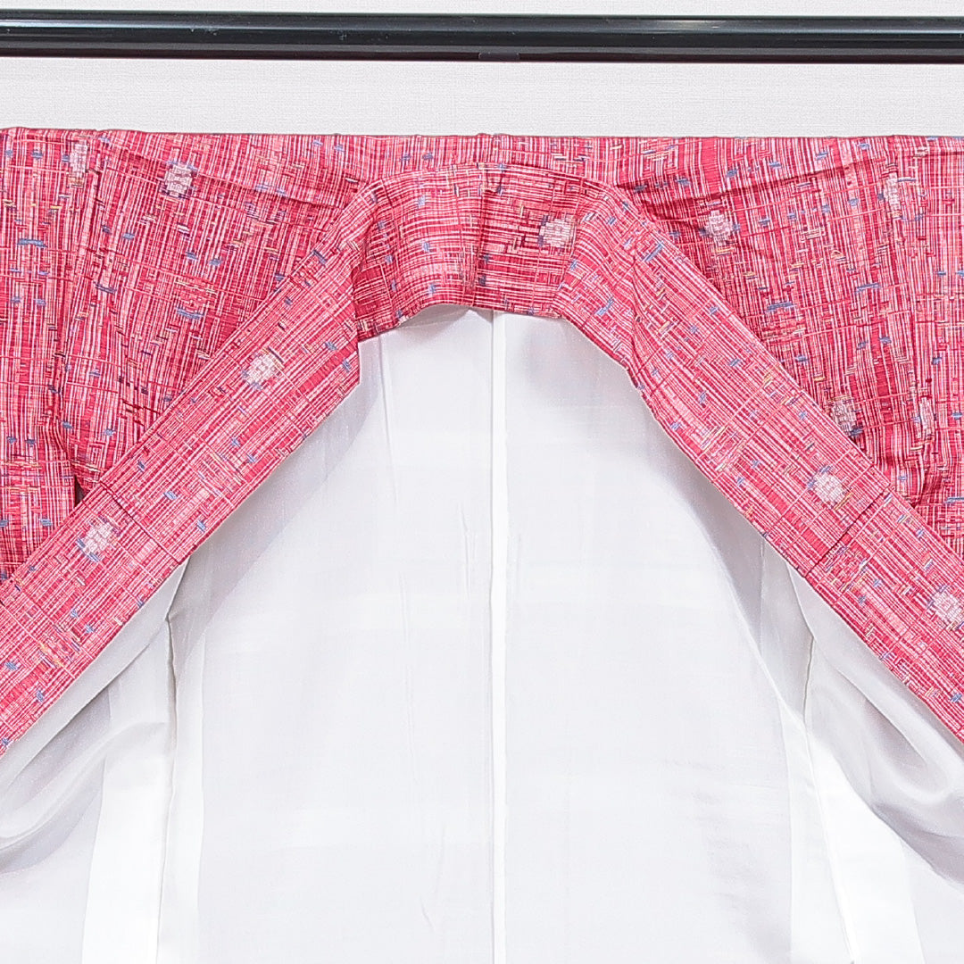 紬 袷 身丈153cm 裄丈64cm 正絹 Sランク Sサイズ 広衿 カジュアル 創作柄 ピンク系 1216-16663