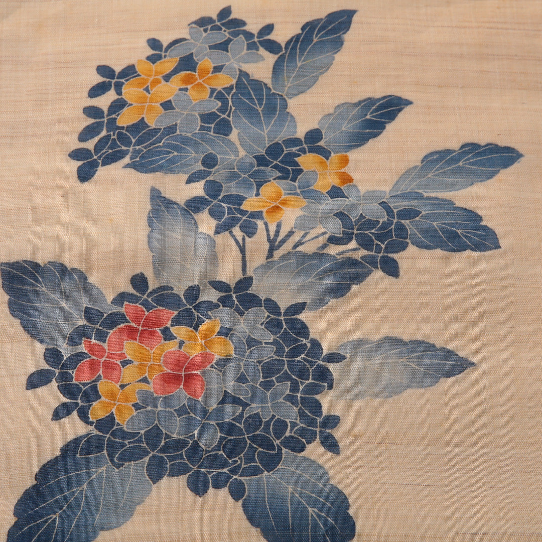 九寸名古屋帯(紬) 帯丈381cm カジュアル 名古屋仕立て ポイント柄 Cランク 正絹 紫陽花 クリーム系 1224-03255