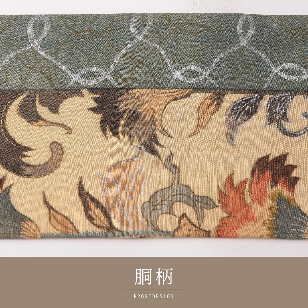 アンティーク 九寸名古屋帯 Bランク 帯丈318cm 正絹 全通 名古屋仕立て 織り・染め 紬 唐草華文 緑系・クリーム系 RP 1245-03152