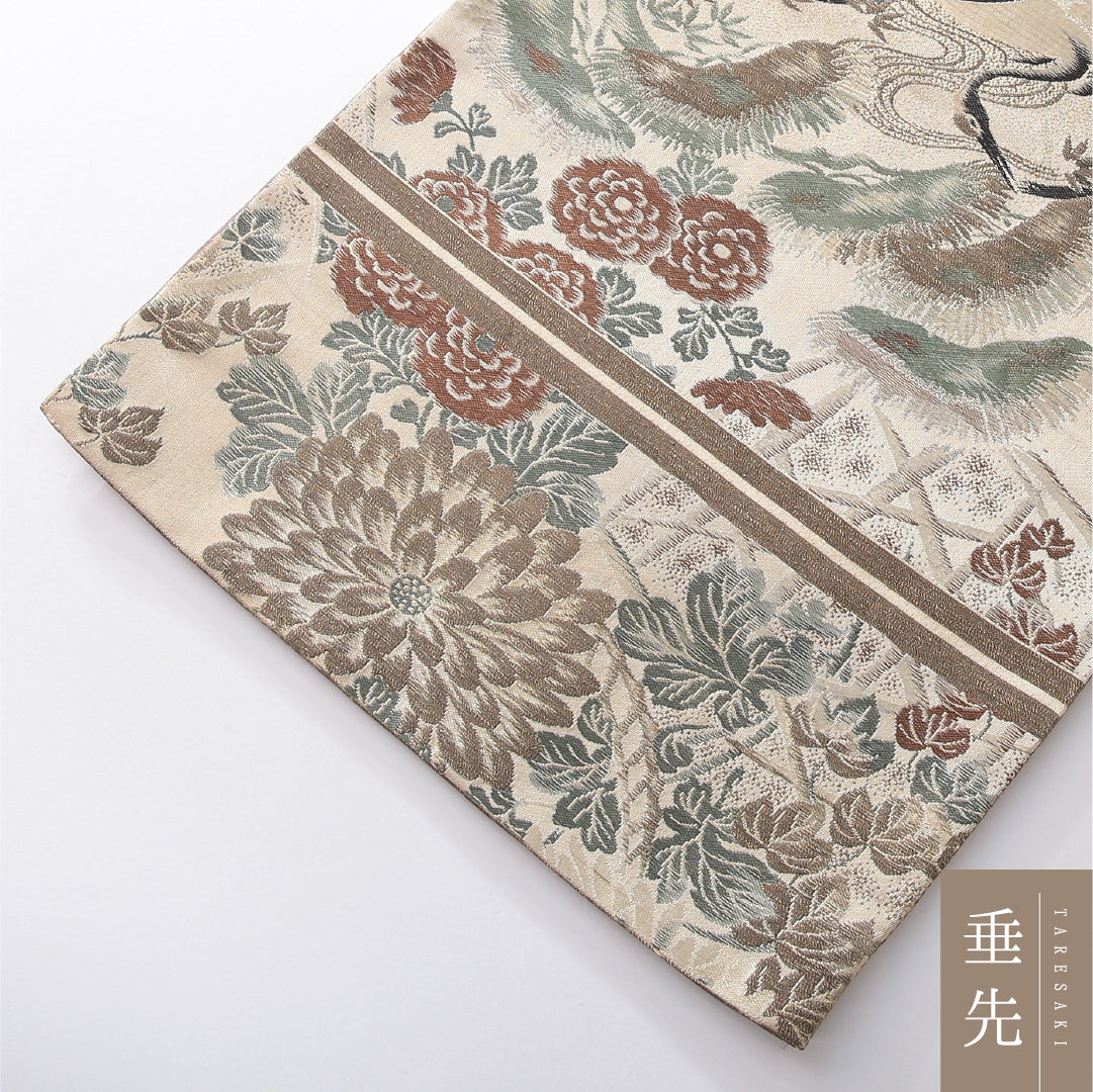 アンティーク 九寸名古屋帯 帯丈392cm 開き仕立て 全通 Aランク 正絹 鶴 菊 クリーム系 1224-03832