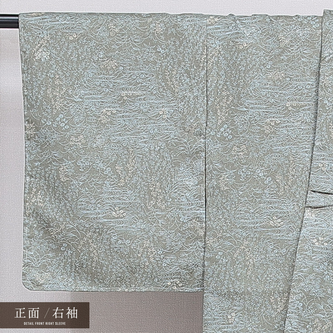未使用品 洗える着物 小紋 袷 身丈164cm 裄丈64cm ポリエステル Nランク インフォーマル 広衿 Lサイズ 観世水 花柄 緑系 RP 1221-16061