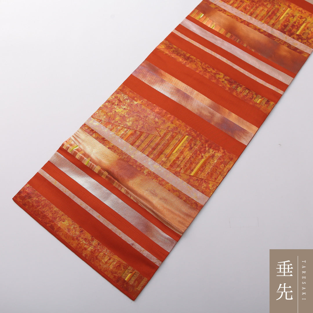 九寸名古屋帯 帯丈358cm カジュアル 名古屋仕立て ポイント柄 Sランク 正絹 創作柄 朱系 1224-03447