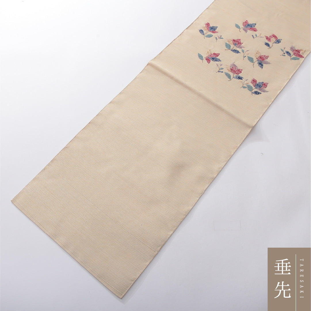 八寸名古屋帯 帯丈360cm カジュアル 松葉仕立て ポイント柄 Aランク 正絹 花柄 クリーム系 1224-03908