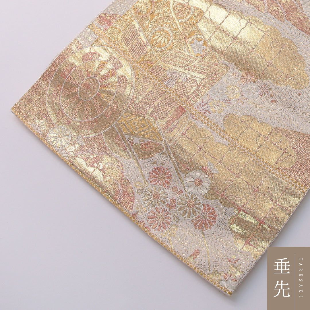 袋帯 帯丈436cm 正絹 六通 フォーマル 花車 吉祥文様 金系 1243-01966
