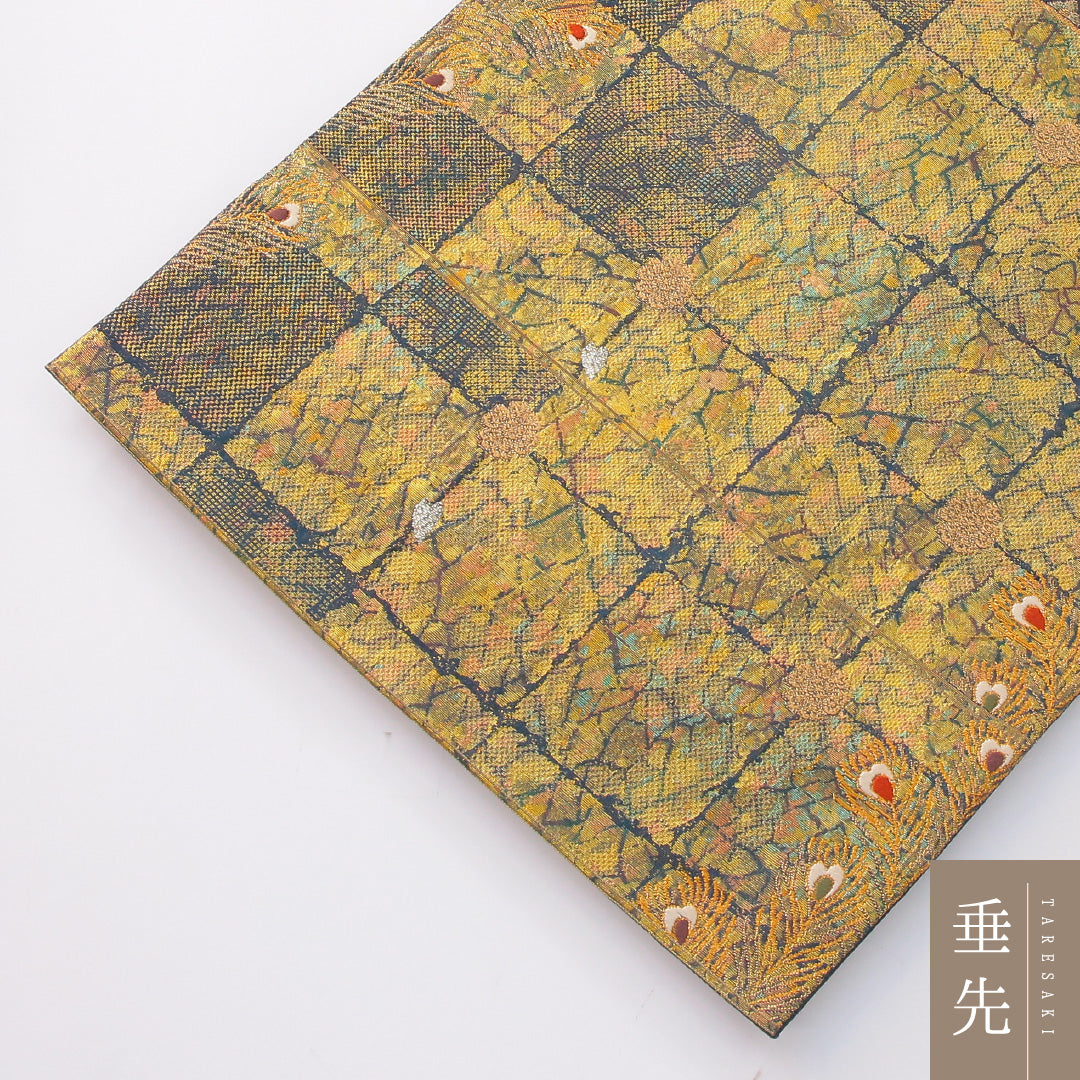 袋帯 帯丈438cm 正絹 六通 帯芯なし セミフォーマル 石畳 羽 有職文様 金系 銀系 1243-02280