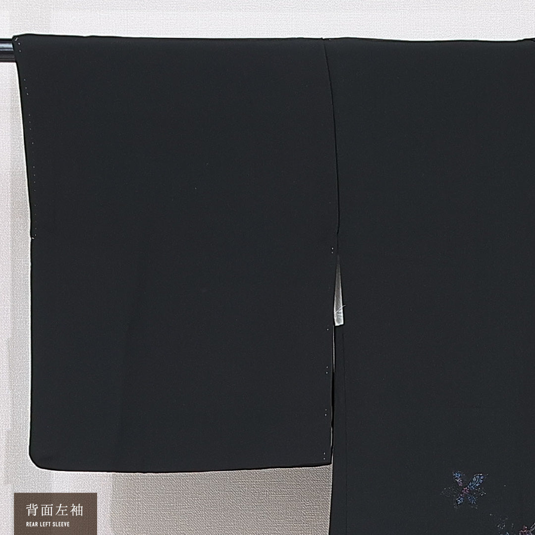 黒羽織 袷 身丈82cm 裄丈32cm 正絹 Sランク 一つ紋 (五三桐) セミフォーマル Sサイズ 紐あり 桔梗 黒系 RP 1233-15307