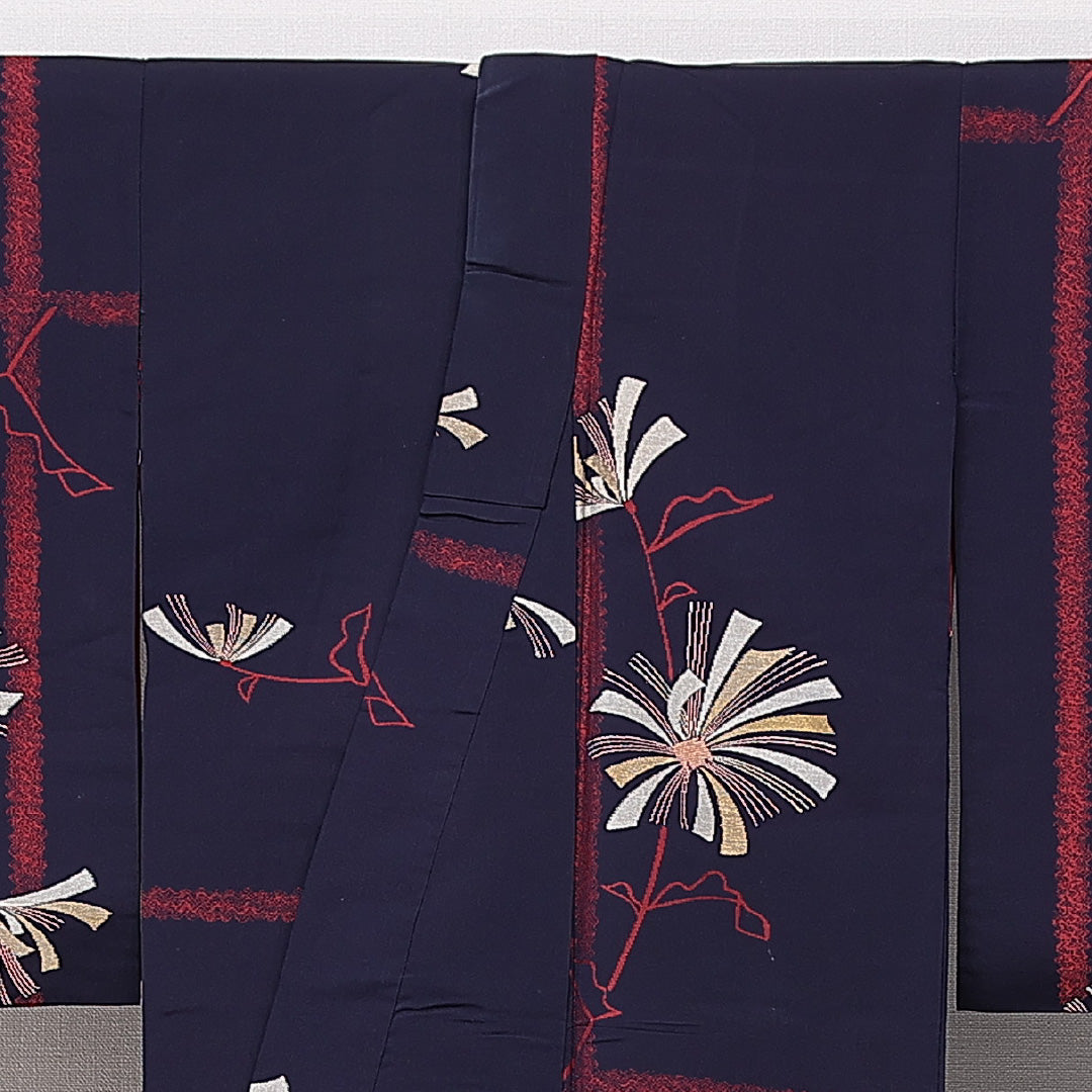 アンティーク お召 袷 身丈150cm 裄丈62cm 正絹 Dランク Sサイズ バチ衿 菊 紫系 1265-15042
