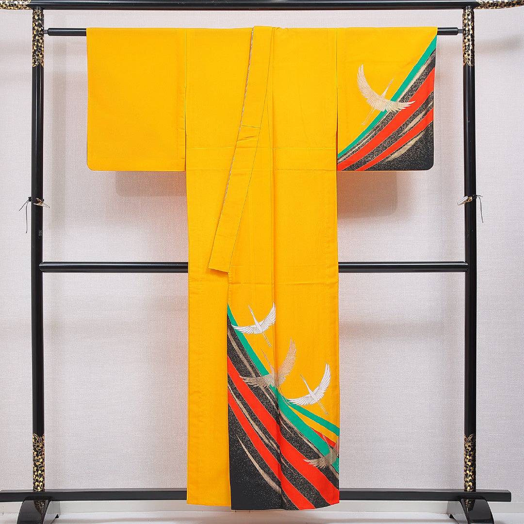 訪問着 洗える着物 単衣 身丈155cm 裄丈62cm ポリエステル Bランク Mサイズ バチ衿 セミフォーマル 鶴 黄系 1212-16336