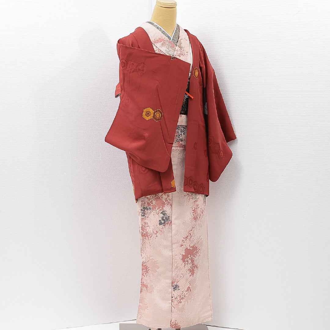 羽織 袷 身丈79cm 裄丈62cm 正絹 Sランク カジュアル Sサイズ 紐あり 亀甲 赤系 RP 1232-15273
