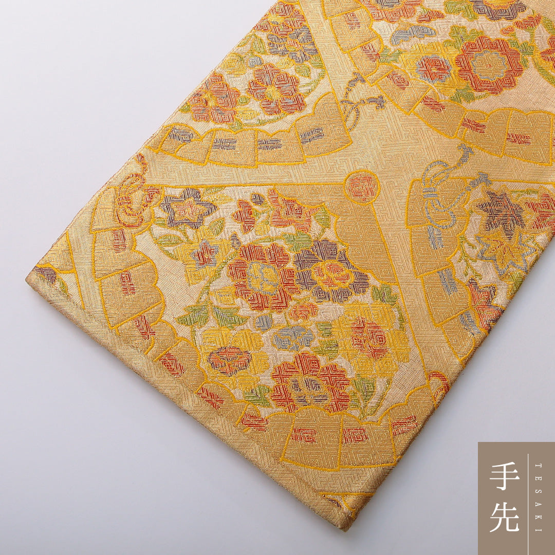 袋帯 帯丈424cm 正絹 六通 フォーマル 佐賀錦 檜扇 吉祥文様 金系 1243-02019