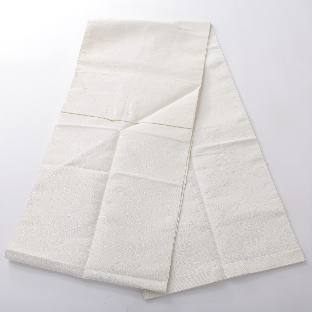 九寸名古屋帯 帯丈268cm カジュアル 開き仕立て 全通 Cランク 正絹 有栖川文 白系 1224-03811