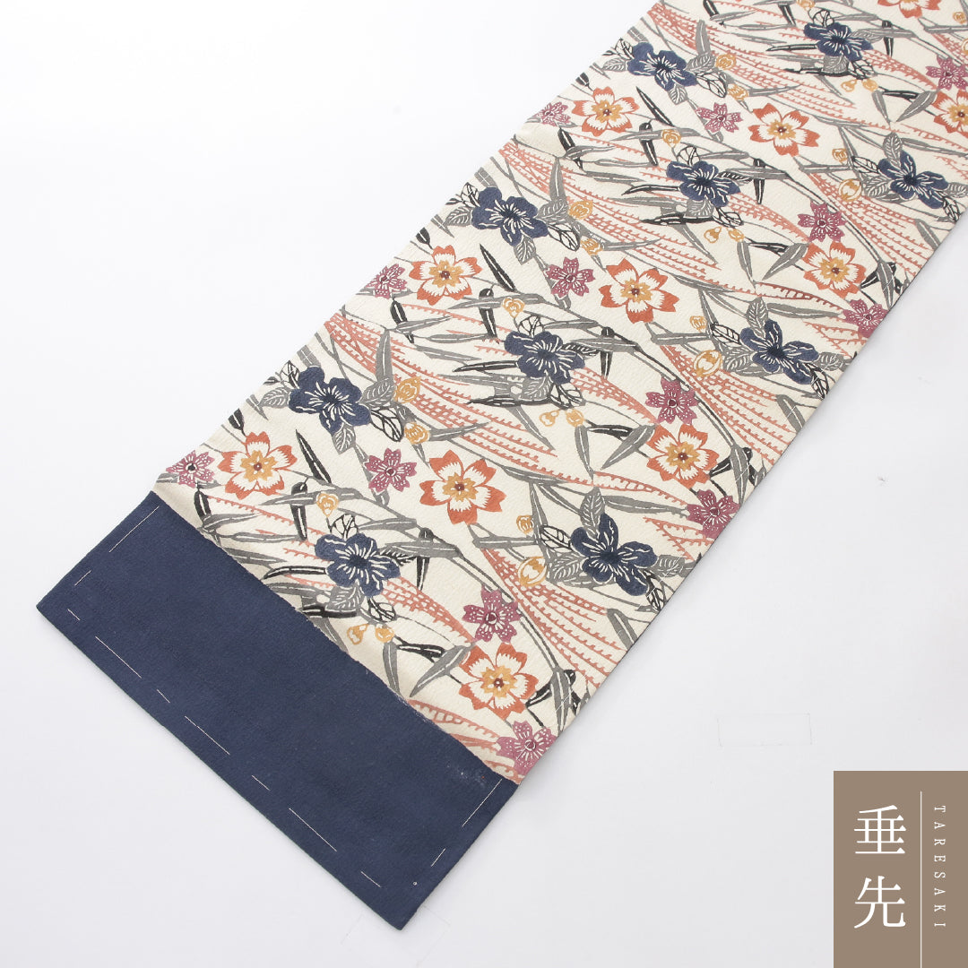 九寸名古屋帯 帯丈347cm インフォーマル 名古屋仕立て 六通 Cランク 正絹 染め帯 ちりめん 桜 クリーム系 紺系 1224-03986