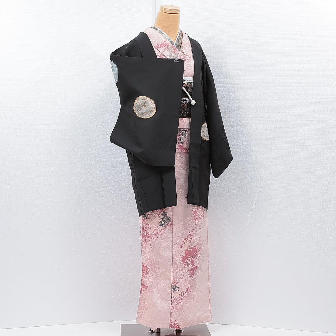 黒羽織 袷 身丈84cm 裄丈33cm 正絹 Aランク 一つ紋 (橘) セミフォーマル Sサイズ 紐あり 創作柄 黒系 RP 1233-15308