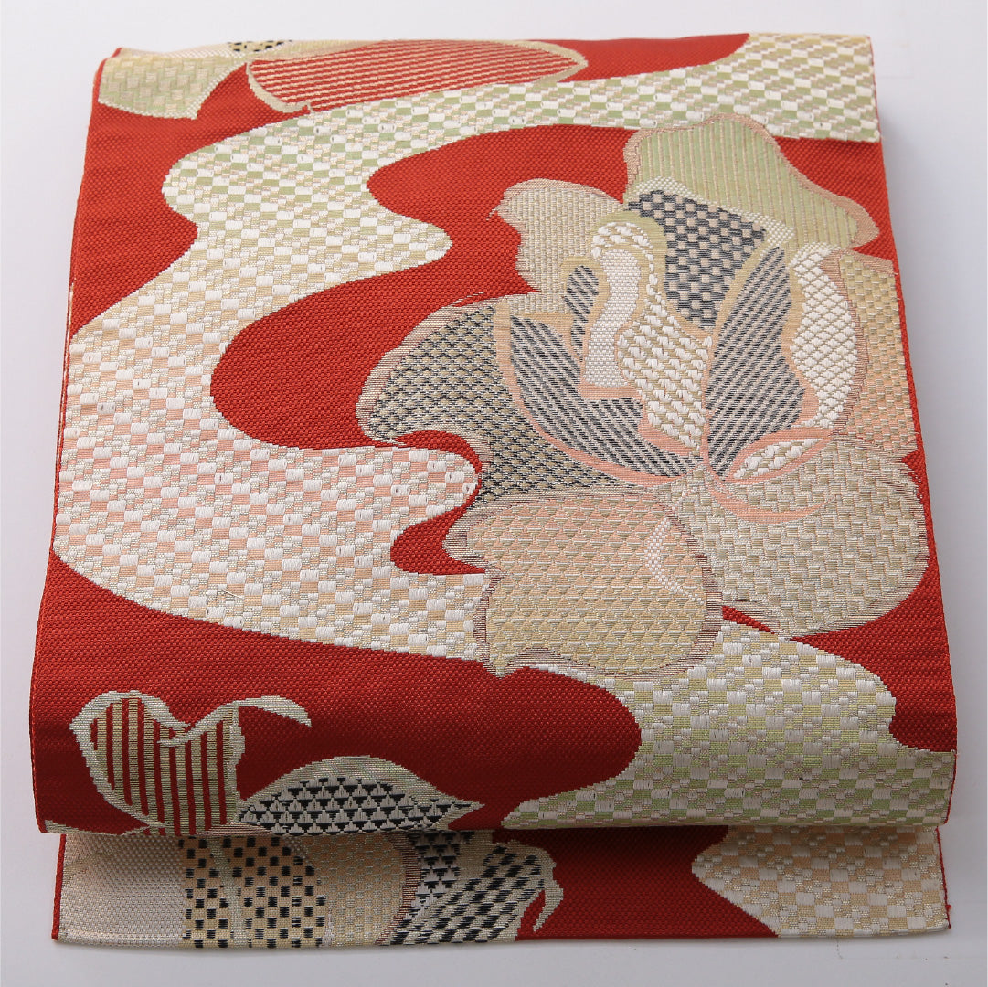 八寸名古屋帯 帯丈351cm カジュアル 松葉仕立て 六通 帯芯なし Sランク 正絹 花柄 朱系 赤系 1224-03457