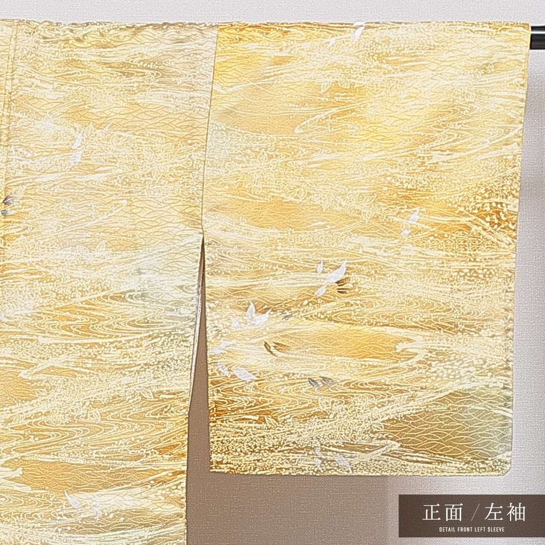 洗える着物 小紋 袷 身丈146cm 裄丈64cm ポリエステル Bランク インフォーマル 広衿 XSサイズ 流水 植物柄 黄系 HP 1221-16010