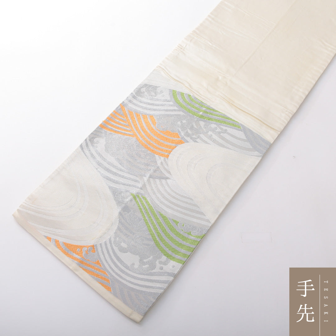 袋帯 帯丈408cm 正絹 六通 フォーマル 荒磯 吉祥文様 クリーム系 1243-02097