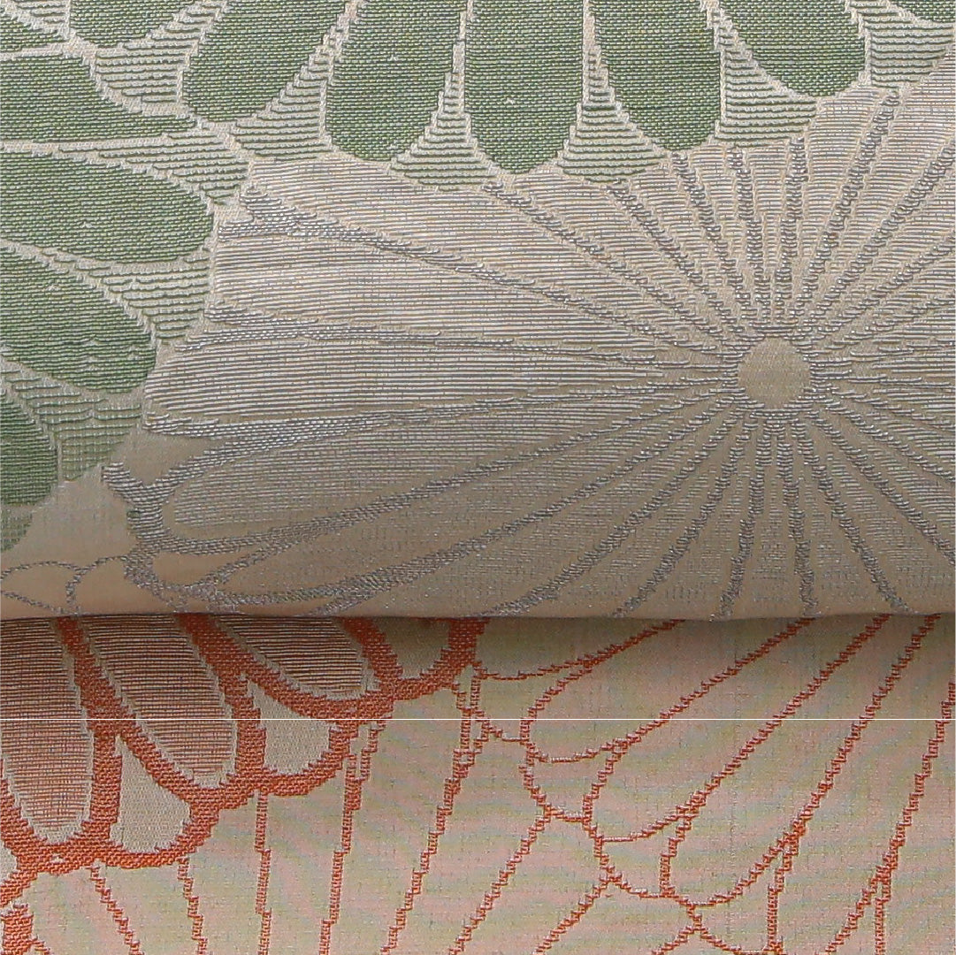 アンティーク 九寸名古屋帯 帯丈244cm 松葉仕立て 全通 Cランク 正絹 菊 クリーム系 1224-03815