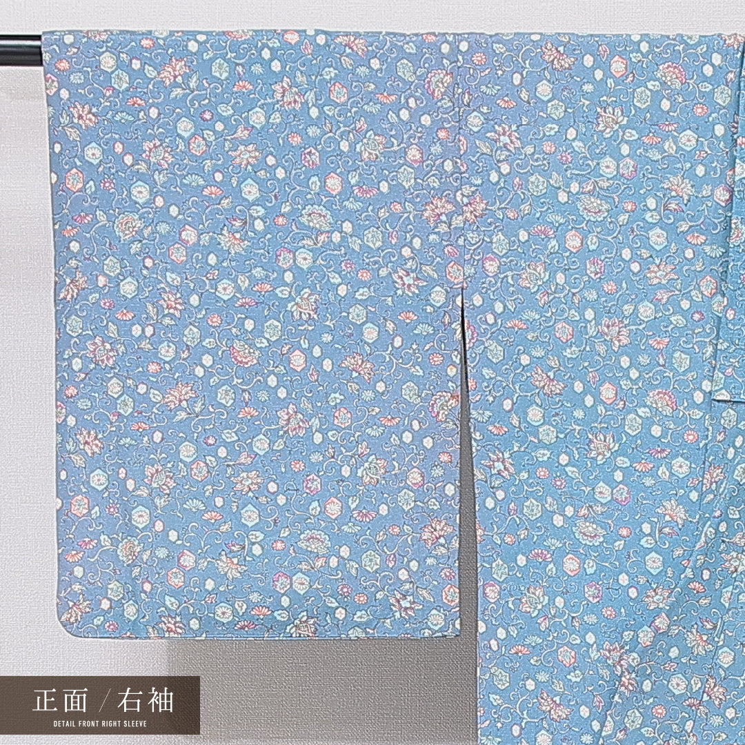 小紋 袷 身丈156cm 裄丈64cm 正絹 Sランク インフォーマル バチ衿 Mサイズ 唐華 水色系 RP 1221-15896