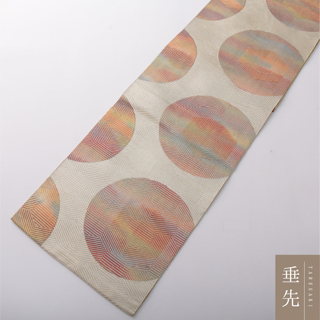八寸名古屋帯 帯丈340cm カジュアル 開き仕立て 六通 帯芯なし Aランク 正絹 創作柄 クリーム系 1224-03505