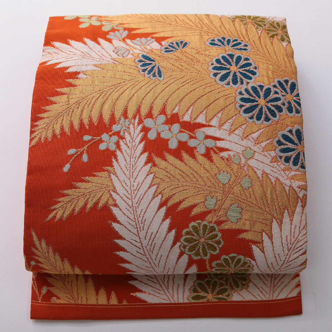 アンティーク 九寸名古屋帯 帯丈345cm カジュアル 名古屋仕立て 六通 Aランク 正絹 菊 朱系 1224-03532