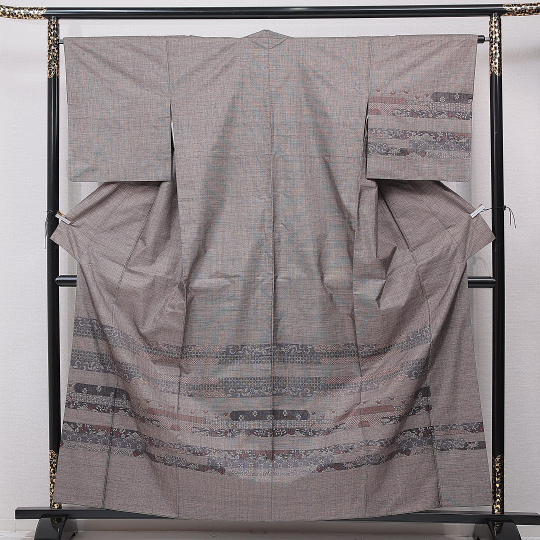 大島紬単衣フルセット4点美品着物+博多半幅帯＋帯締め＋帯揚げ　ゆったり　裄丈長め 大島紬単衣フルセット4点美品着物+博多半幅帯＋帯締め＋帯揚げ