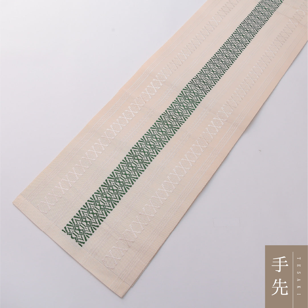 八寸名古屋帯 帯丈352cm セミフォーマル 開き仕立て 全通 Sランク 正絹 献上柄 クリーム系 緑系 1224-03294