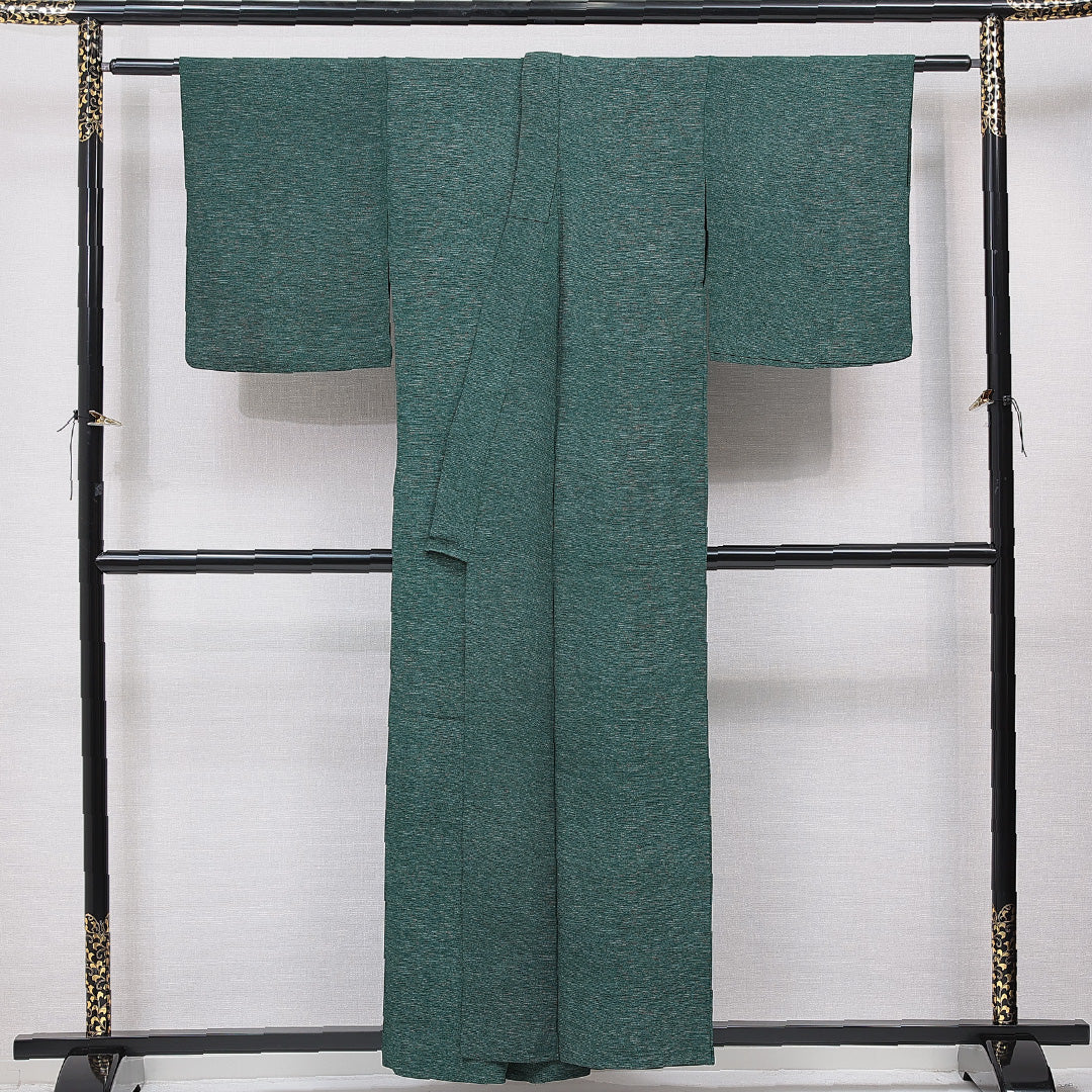 小紋 単衣 身丈159cm 裄丈63cm 正絹 Sランク Mサイズ バチ衿 インフォーマル 肩当て ちりめん 無地 緑系 1215-15680