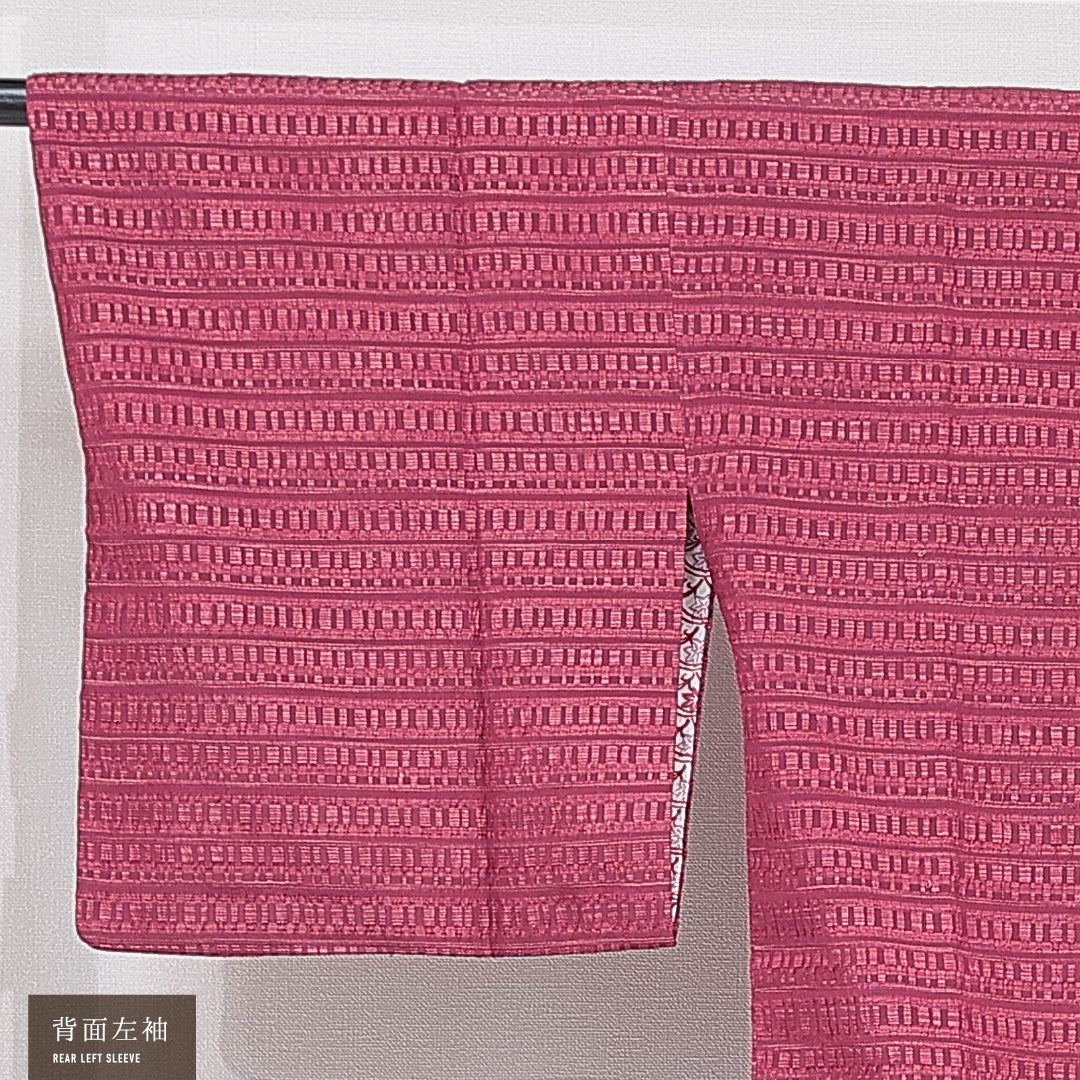 道行コート 袷 身丈86cm 裄丈64cm 正絹 Sランク カジュアル Mサイズ ふくれ織 ポケットあり 縞 赤系 RP 1237-15323