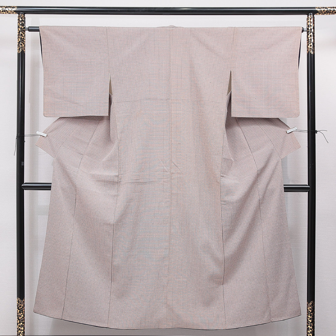 紬 袷 身丈151cm 裄丈62cm 正絹 Dランク Sサイズ 広衿 カジュアル 格子 グレー系 1216-15527