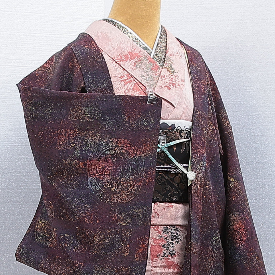 羽織 袷 身丈83cm 裄丈64cm 正絹 Sランク カジュアル Mサイズ 紐あり 丸文 茶系 M4 1232-16187