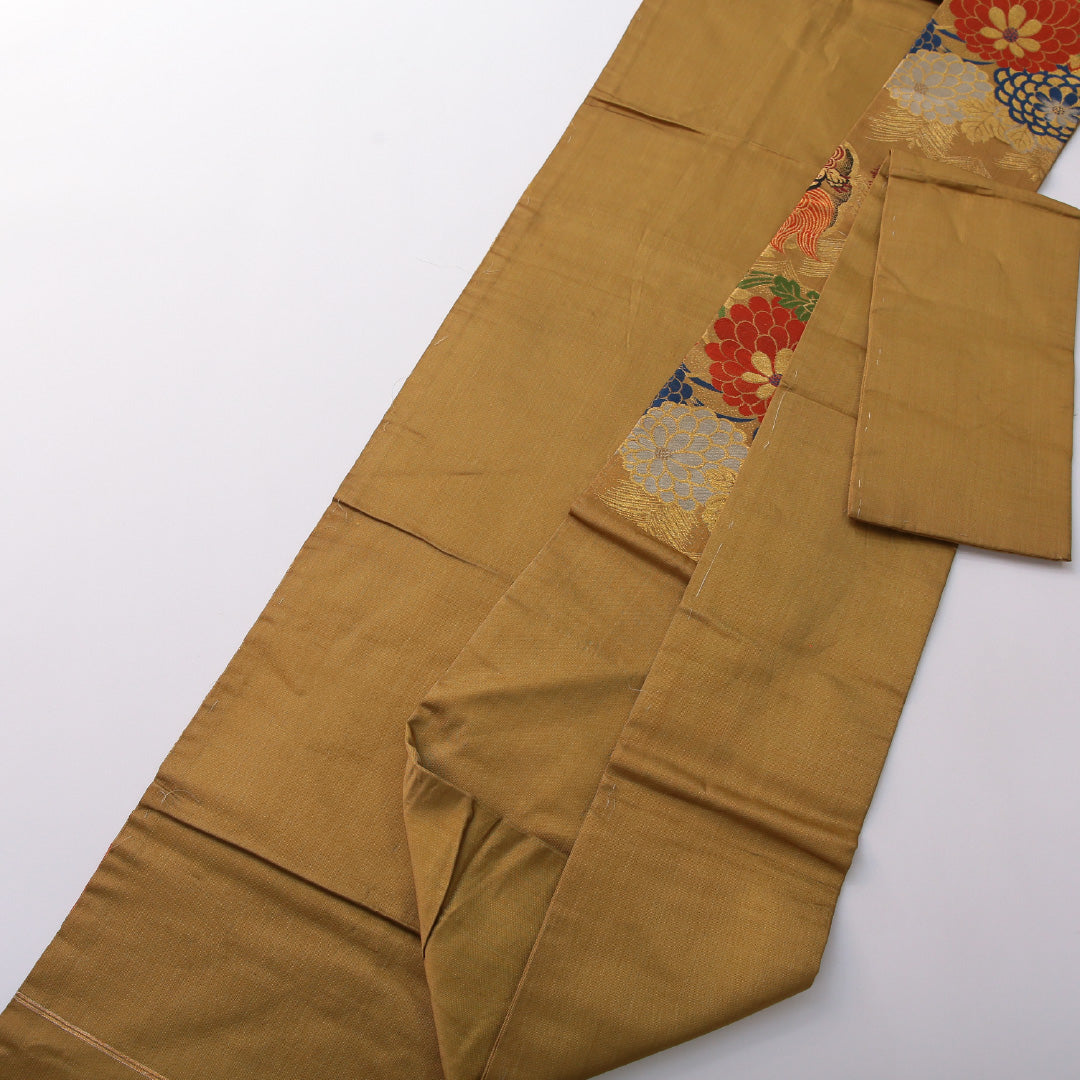 アンティーク 九寸名古屋帯 帯丈349cm セミフォーマル 名古屋仕立て 六通 Aランク 正絹 菊 黄系 1224-03624