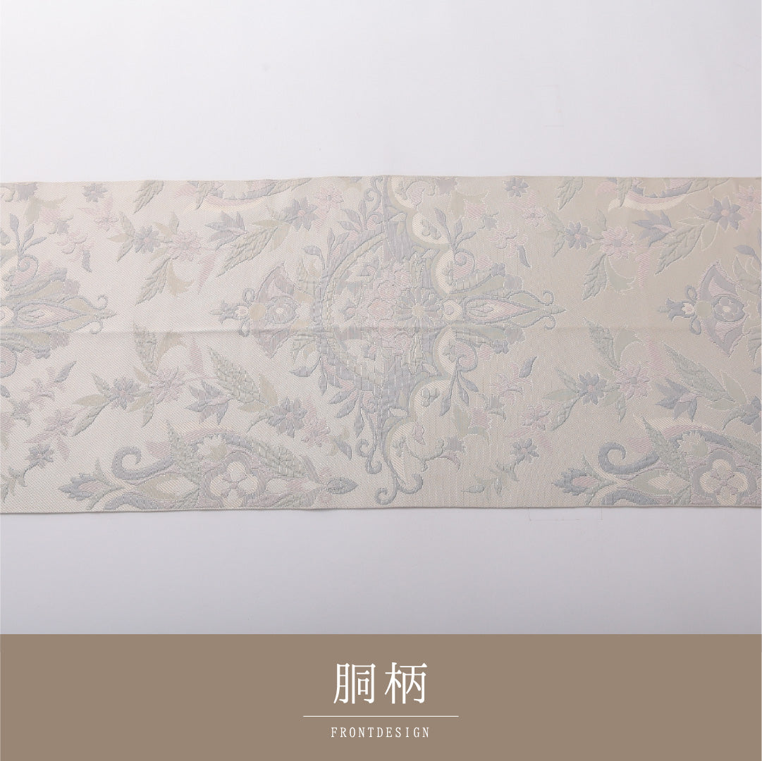 八寸名古屋帯 帯丈339cm セミフォーマル 松葉仕立て 六通 Dランク 正絹 アラベスク文様 白系 1224-03599