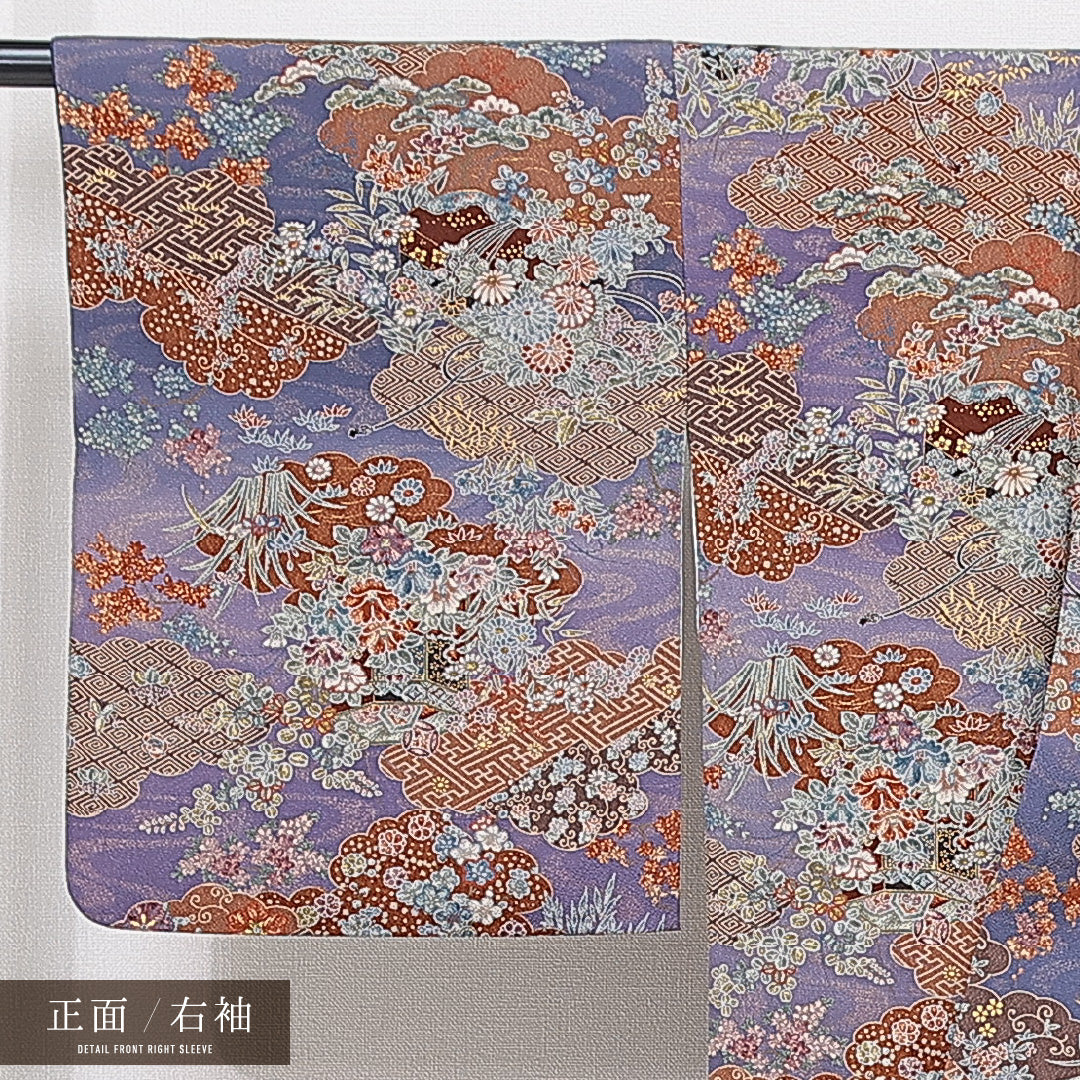 小紋 袷 身丈161cm 裄丈64cm 正絹 Sランク インフォーマル 広衿 Lサイズ 吉祥文様 紫系 RP 1221-15551